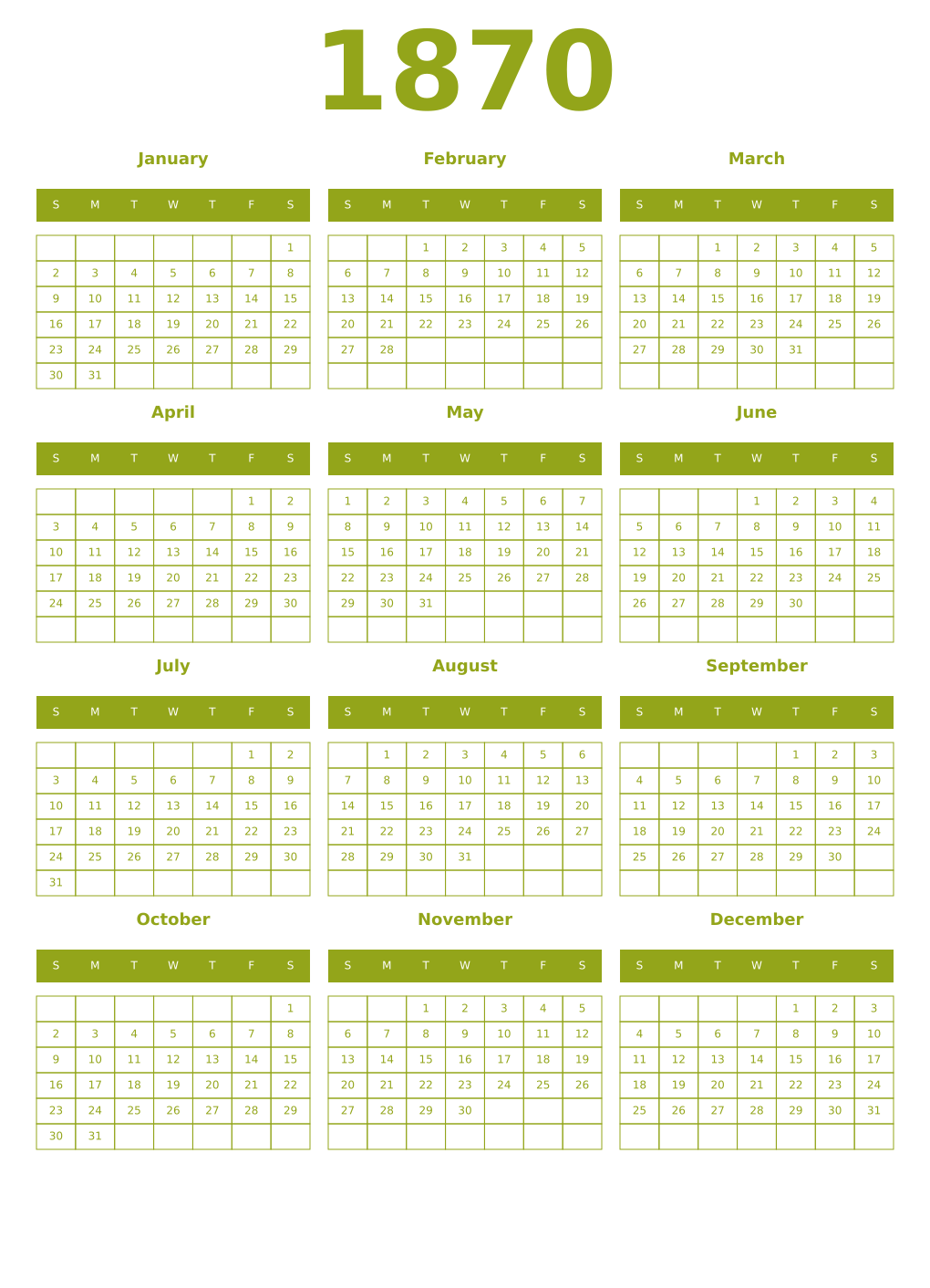 Printable 1870 Year Calendars chartreuse