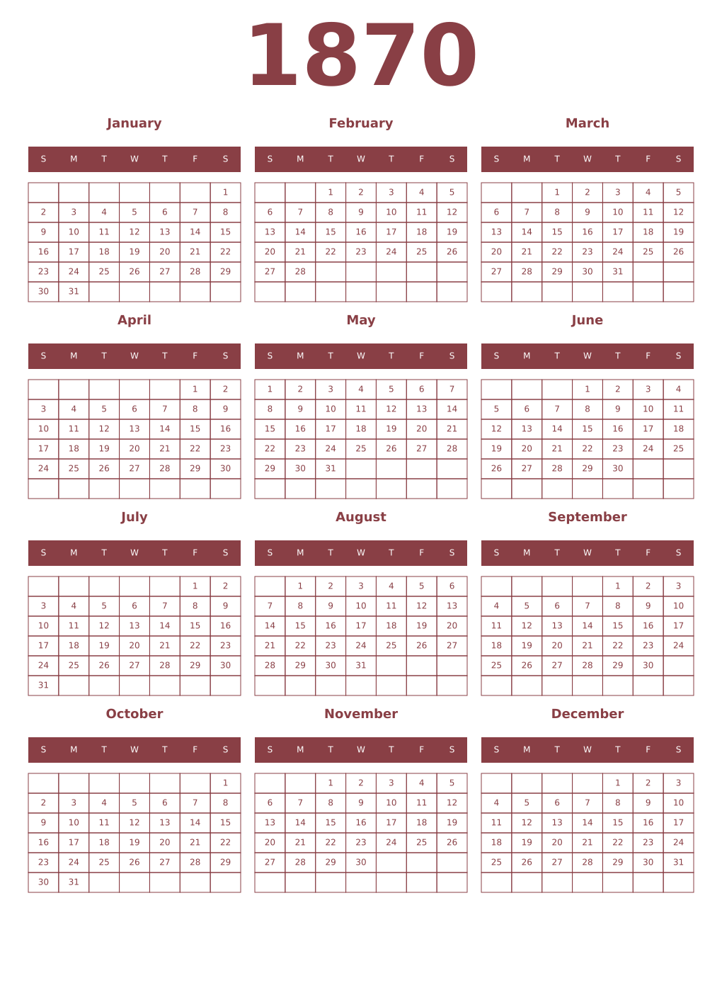 Printable 1870 Year Calendars cordovan