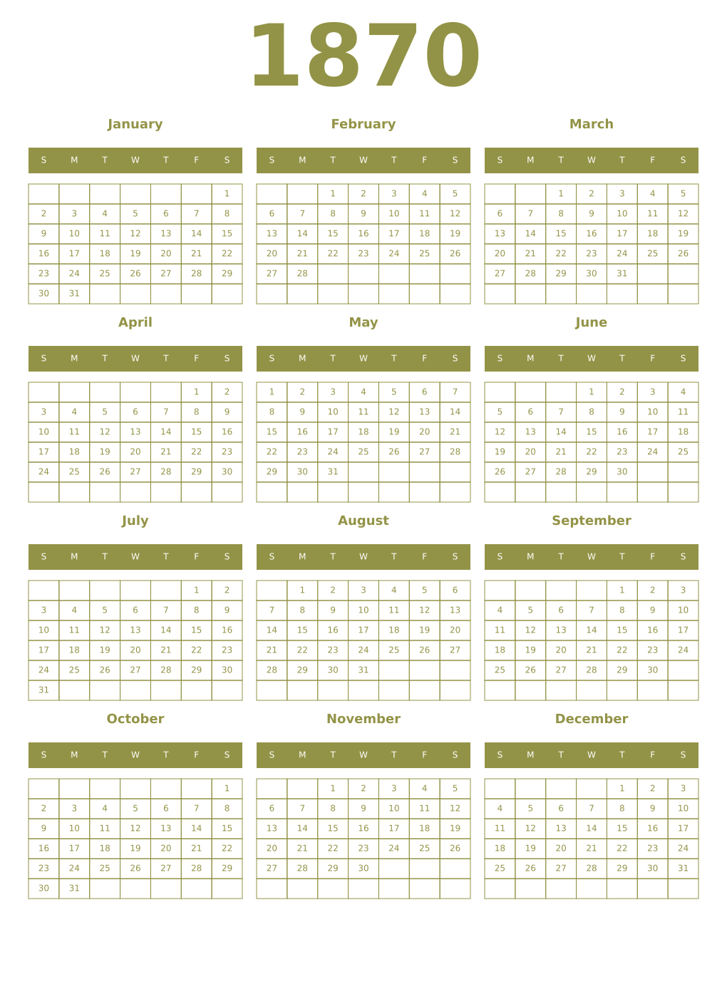 Printable 1870 Year Calendars eburnean