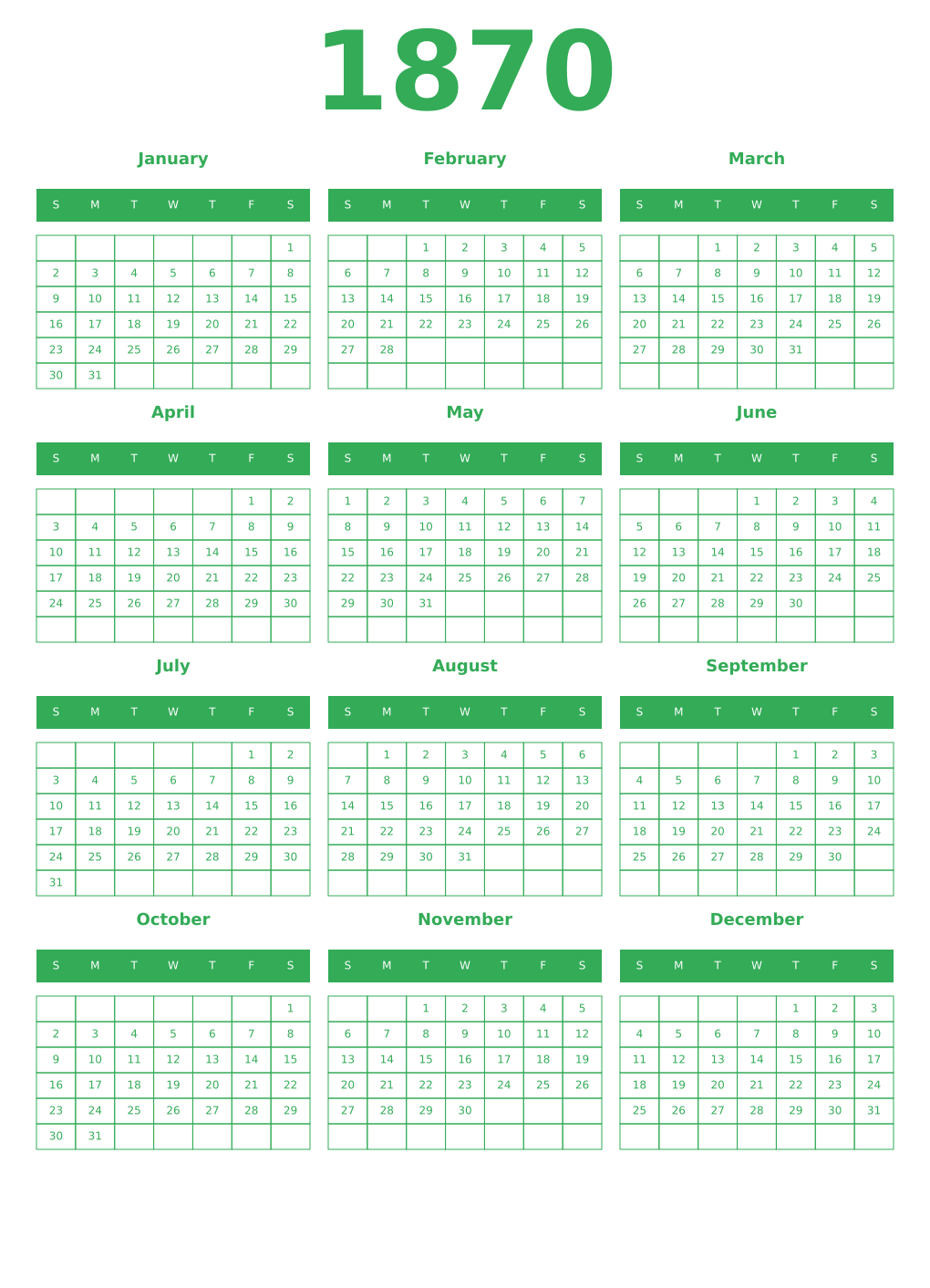 Printable 1870 Year Calendars green