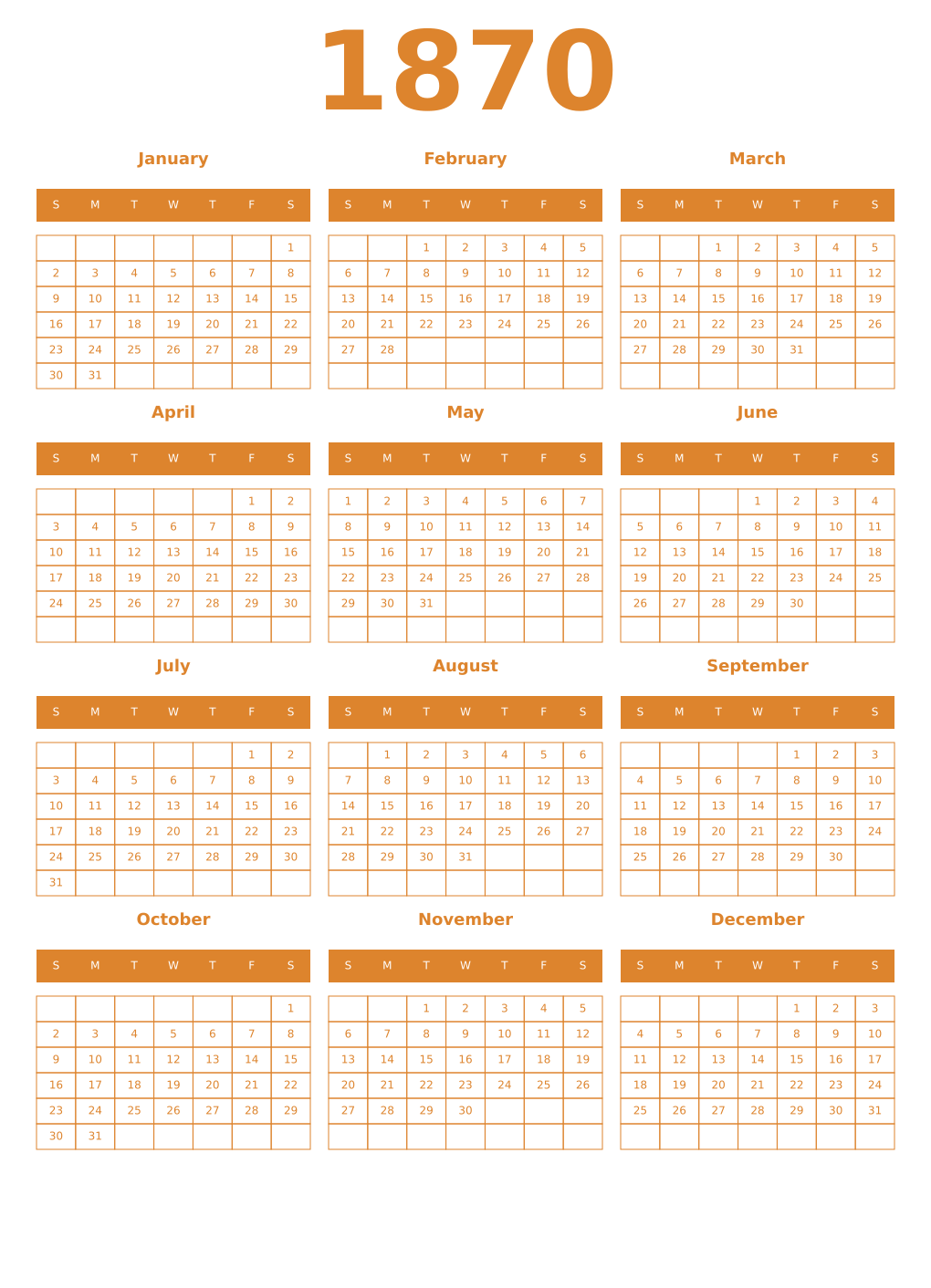 Printable 1870 Year Calendars orange