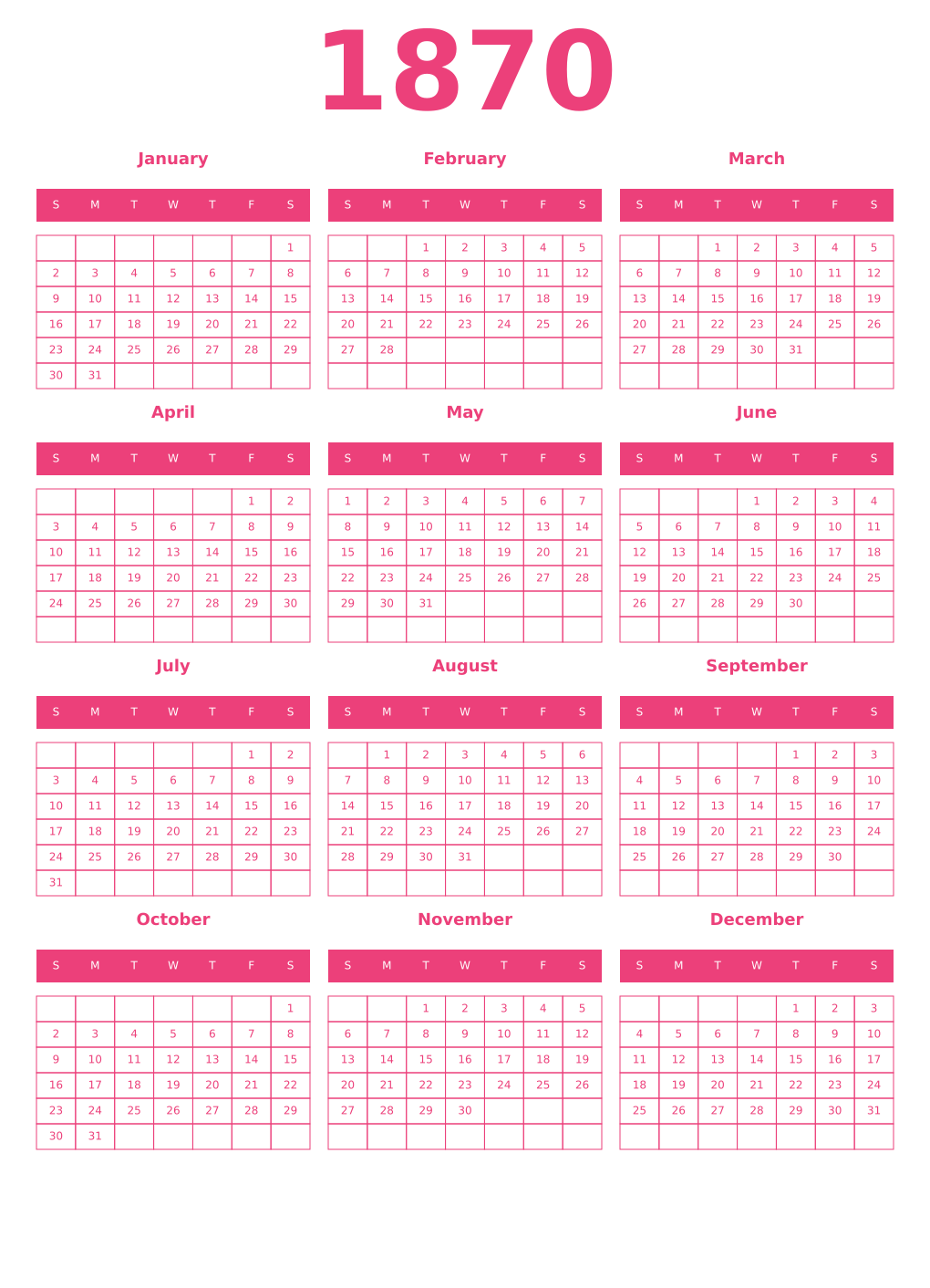 Printable 1870 Year Calendars pink
