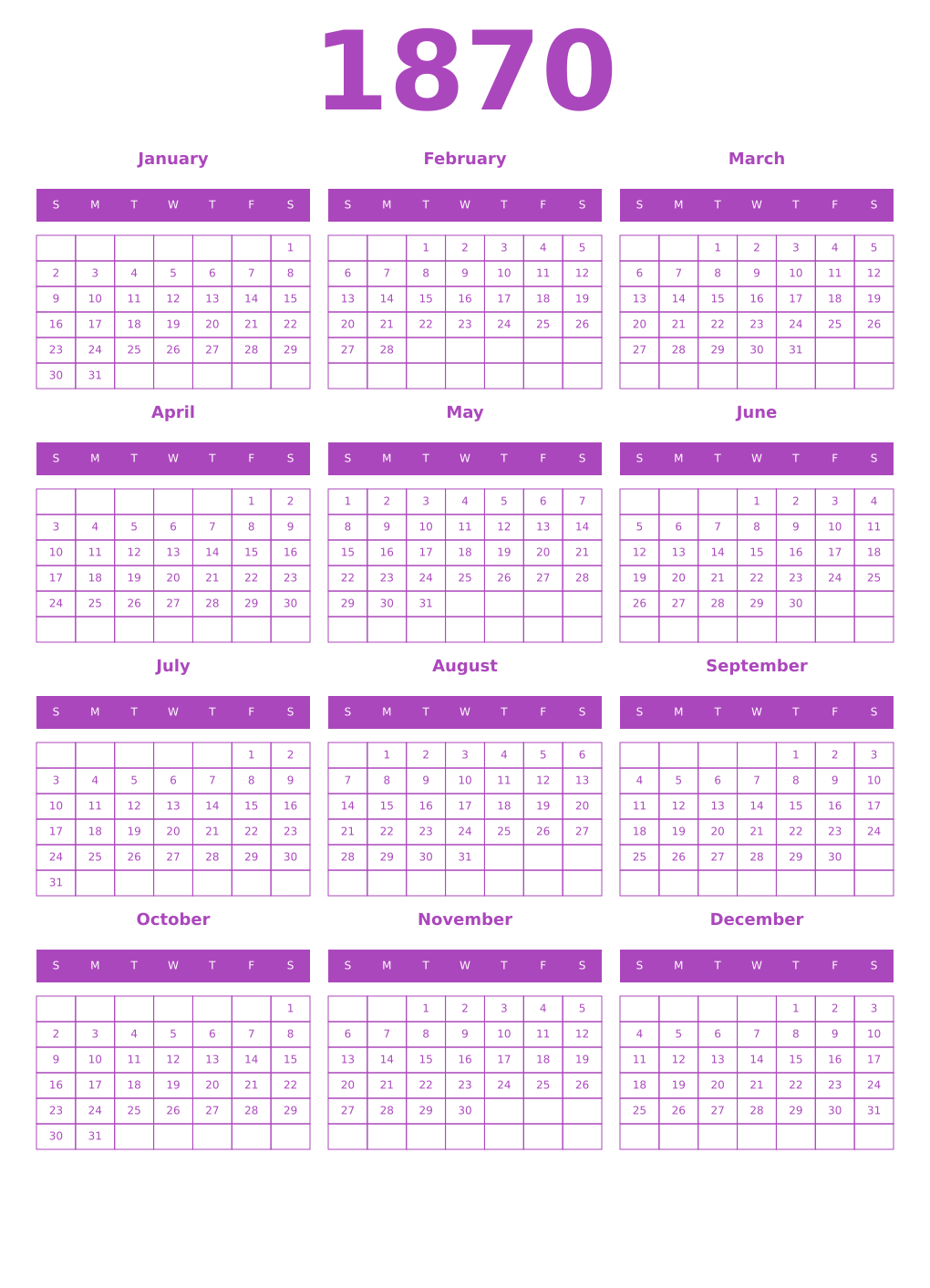Printable 1870 Year Calendars purple
