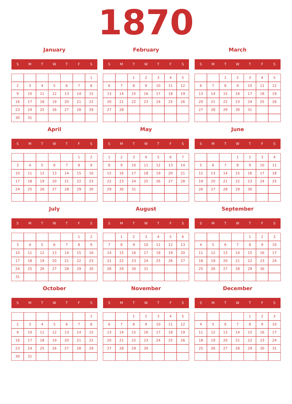 Printable 1870 Year Calendars red