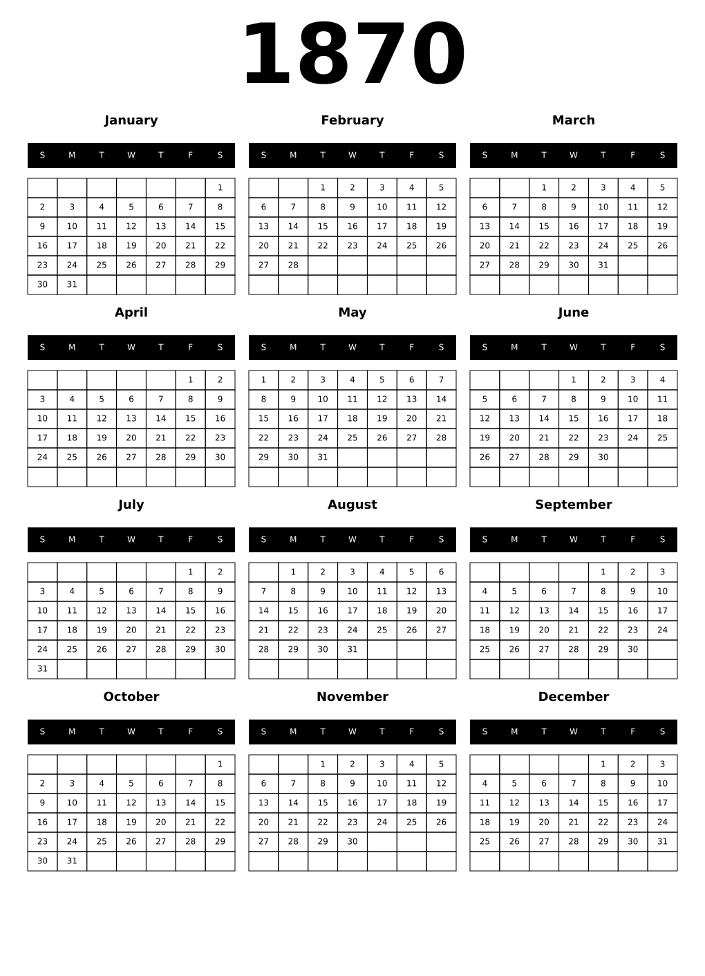 Printable 1870 Calendars