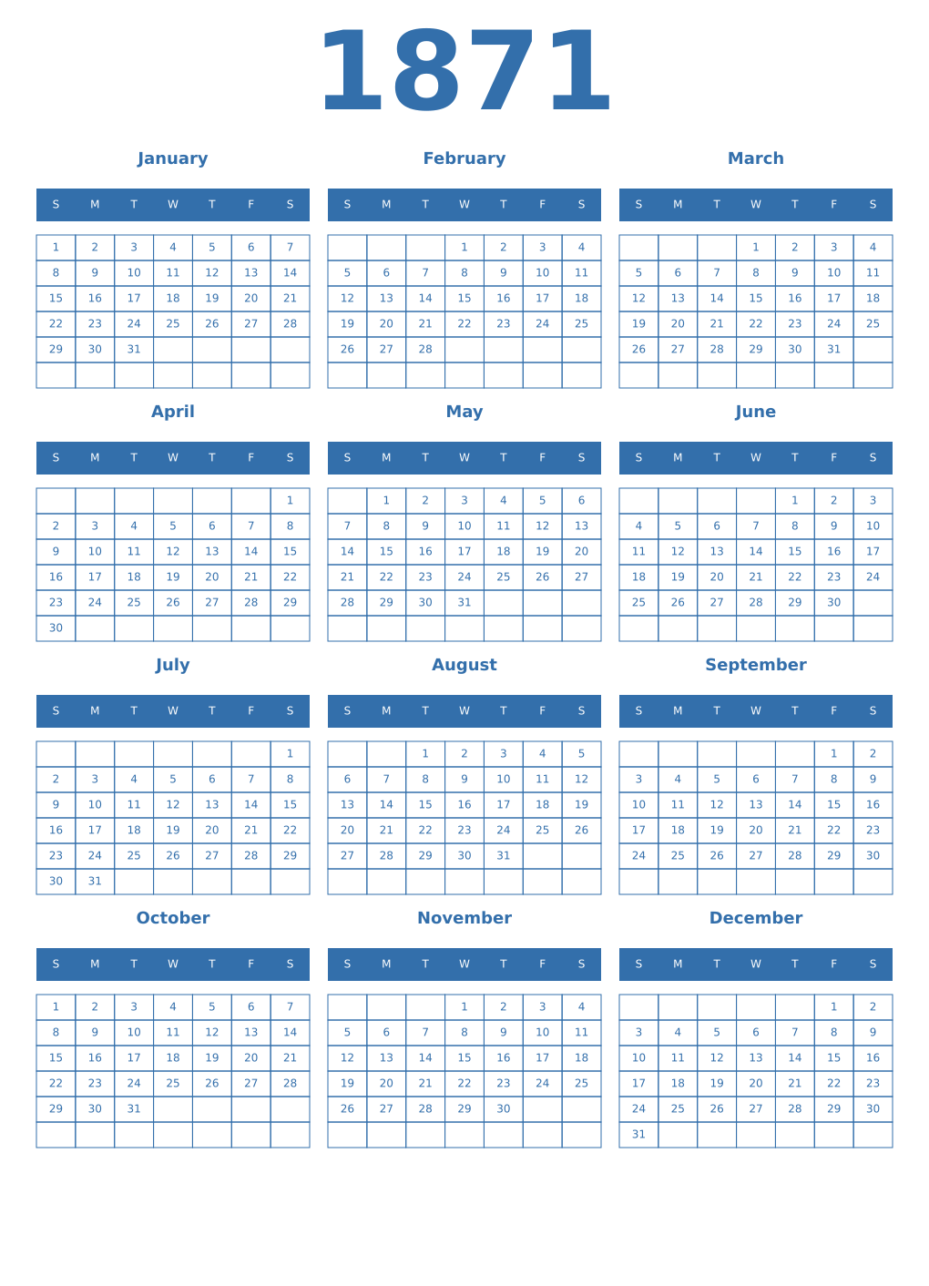 Printable 1871 Year Calendars blue