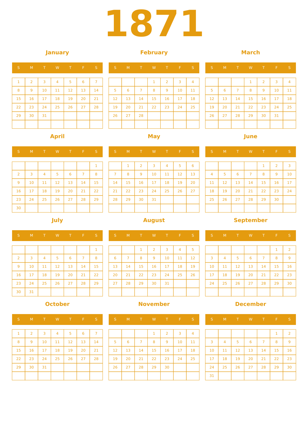 Printable 1871 Year Calendars gamboge