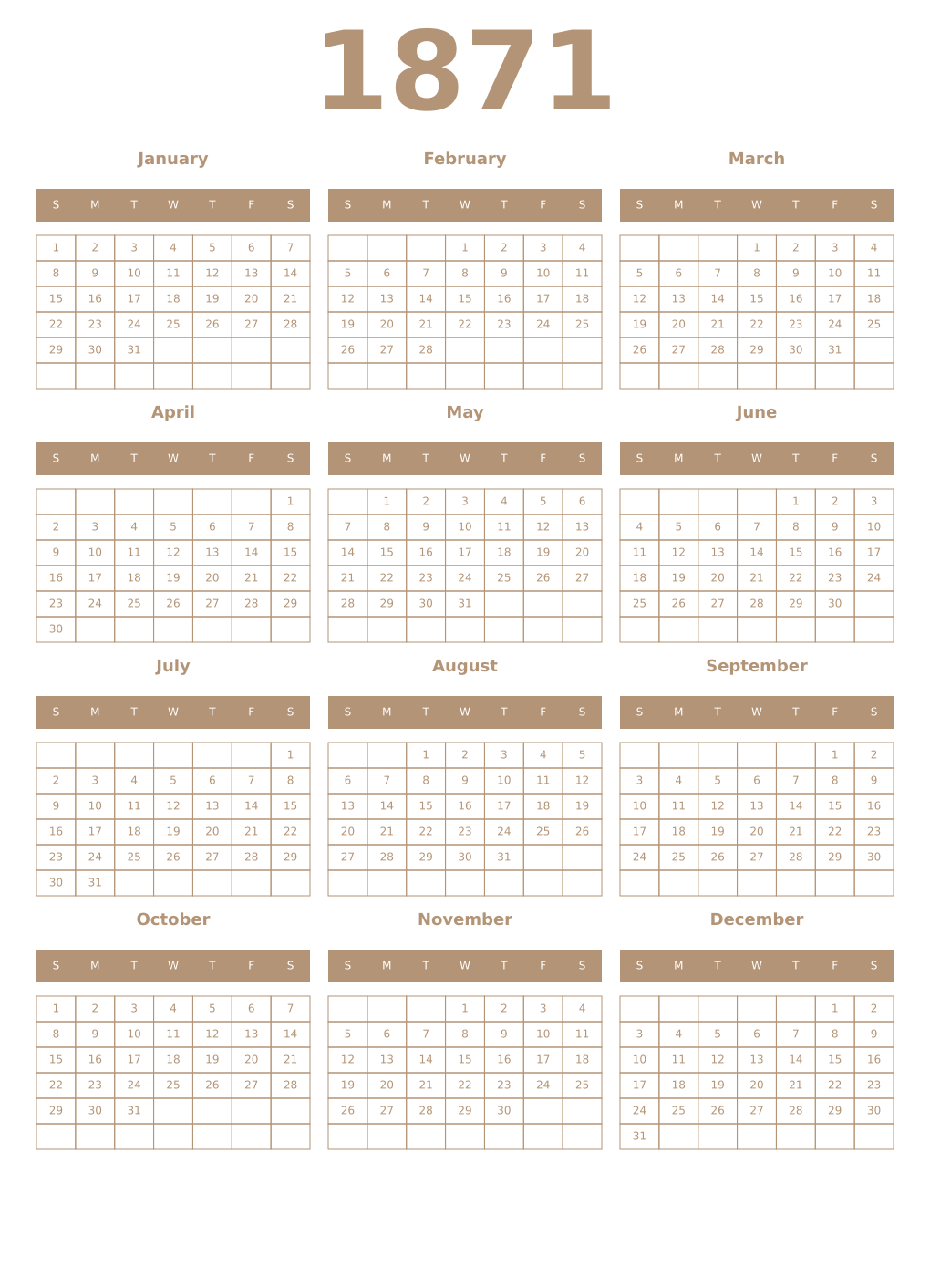 Printable 1871 Year Calendars isabelline