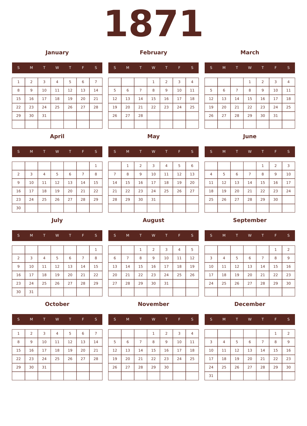 Printable 1871 Year Calendars mortuum