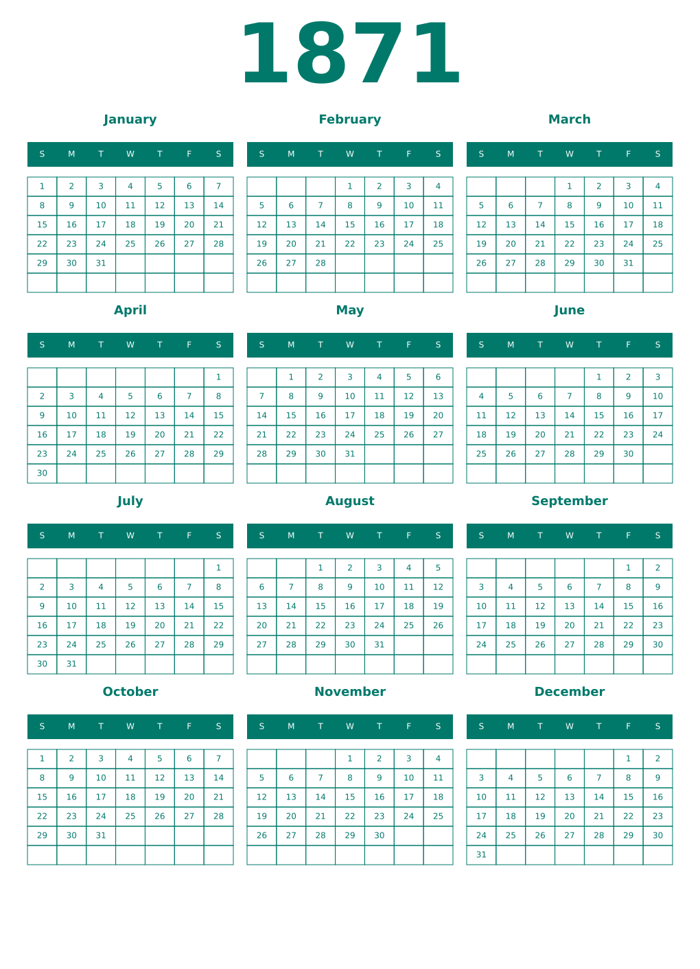 Printable 1871 Year Calendars pastel
