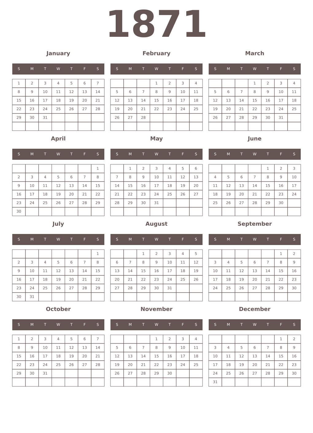 Printable 1871 Year Calendars wenge