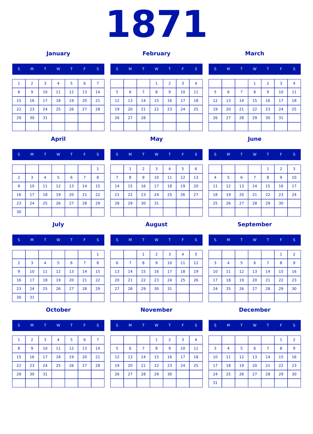 Printable 1871 Year Calendars zaffre