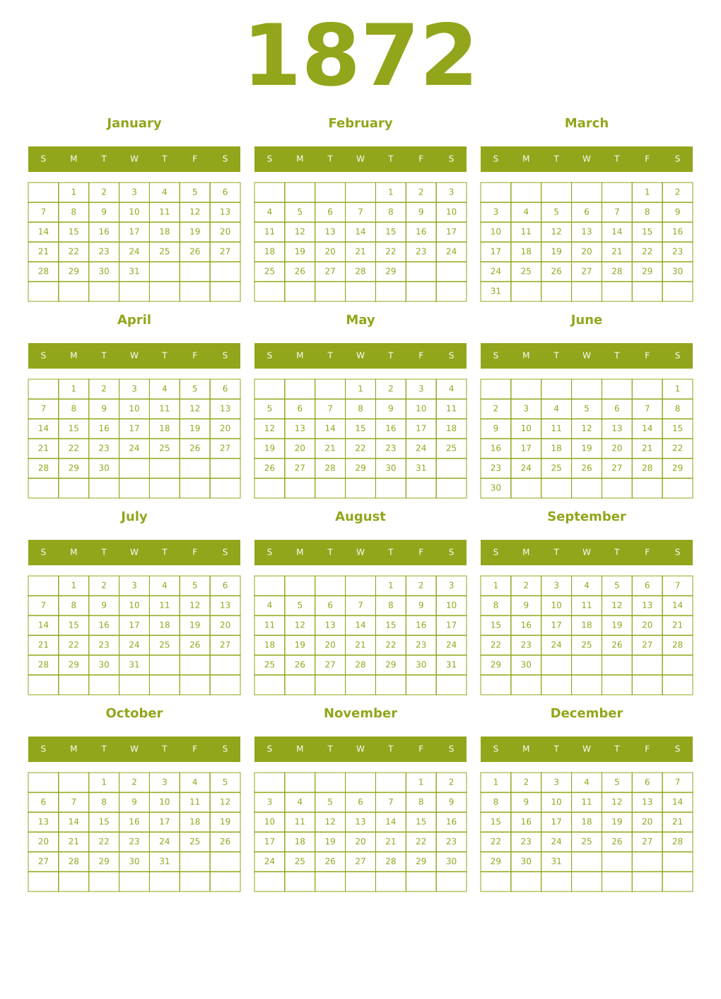 Printable 1872 Year Calendars chartreuse