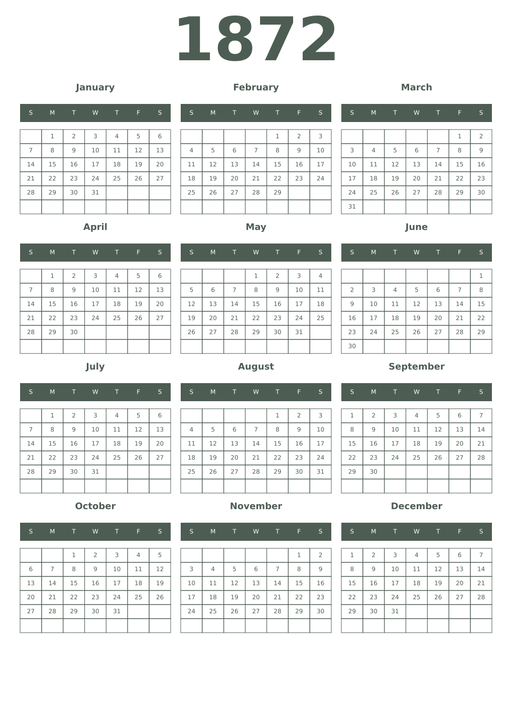 Printable 1872 Year Calendars feldgrau