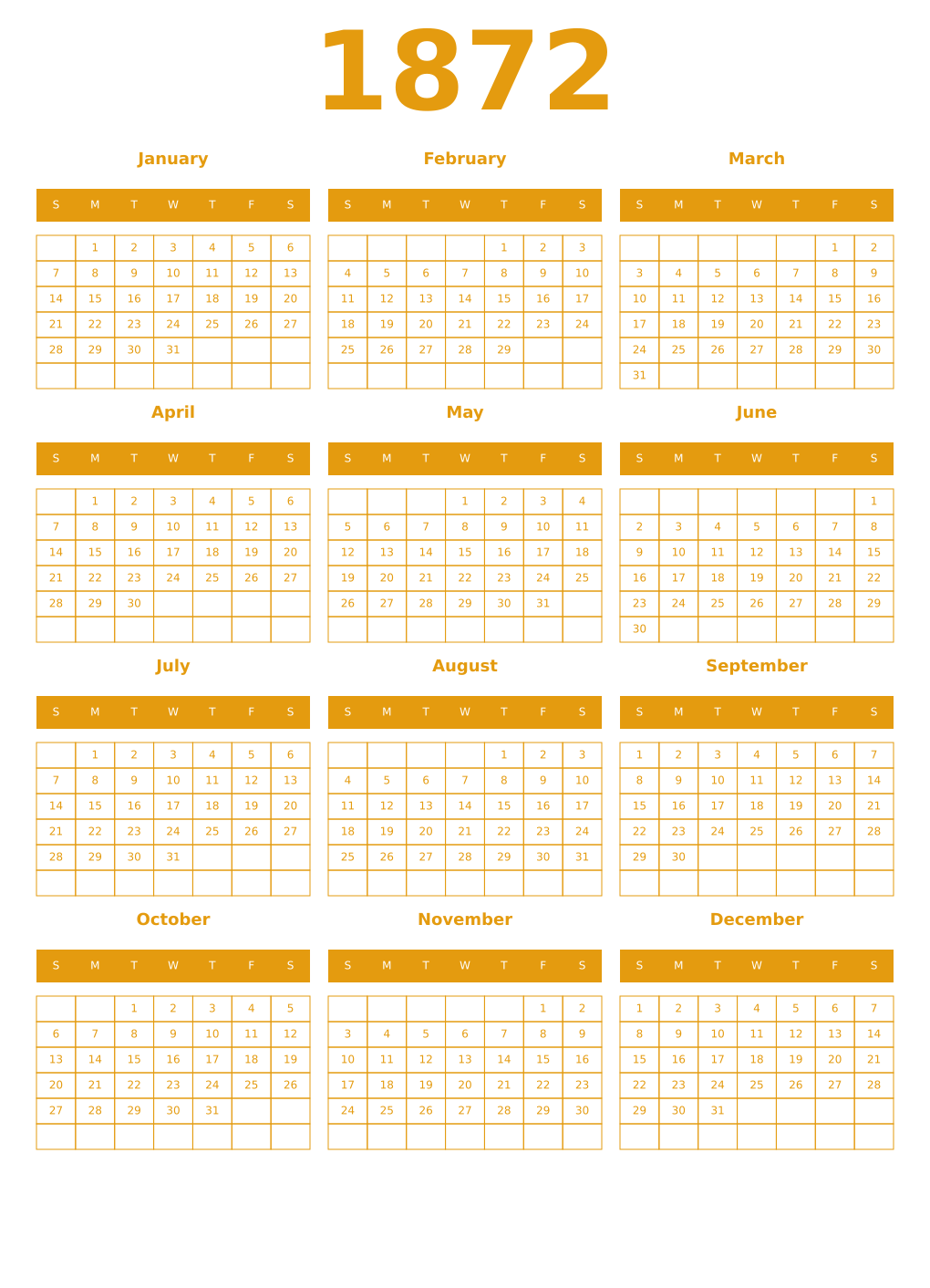 Printable 1872 Year Calendars gamboge