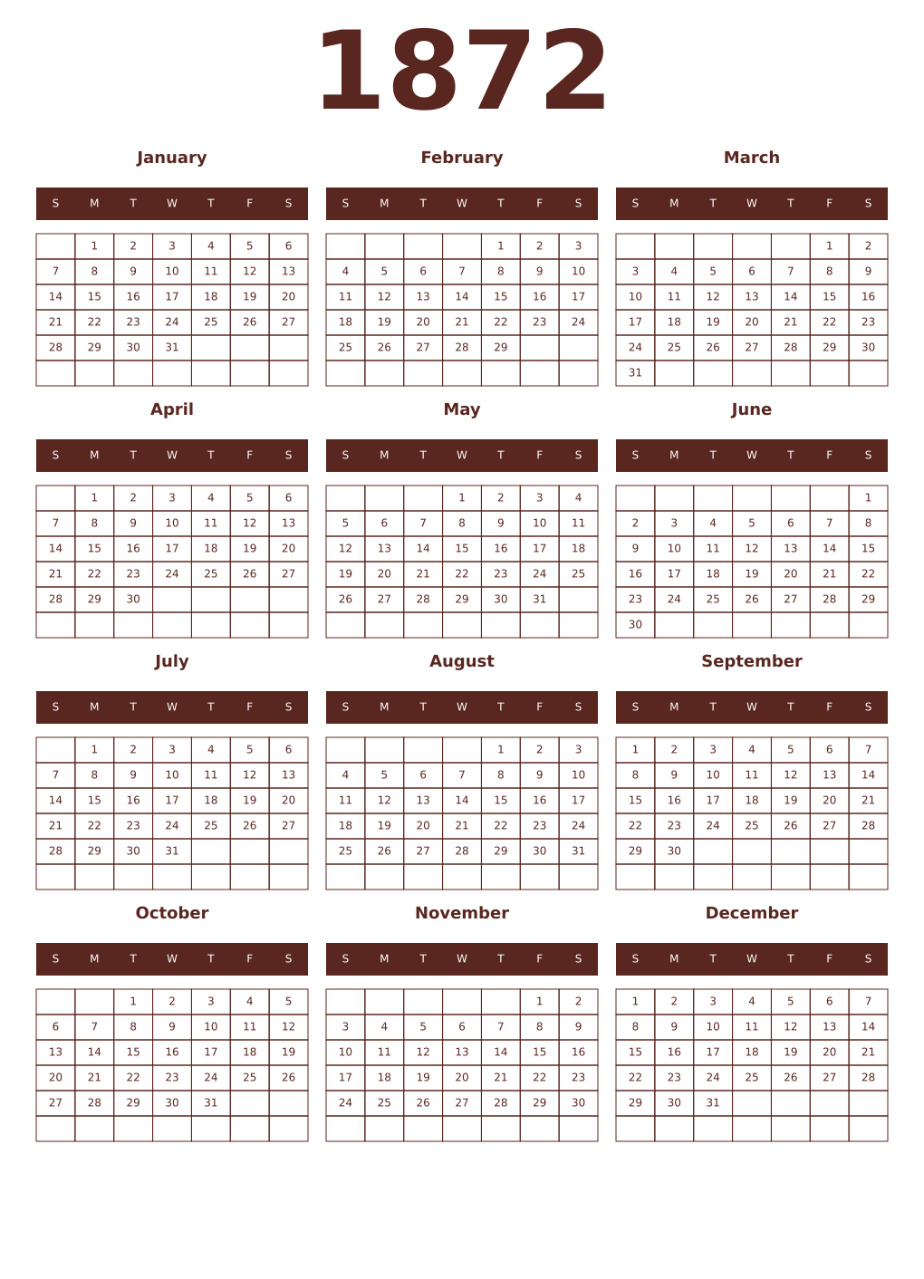 Printable 1872 Year Calendars mortuum