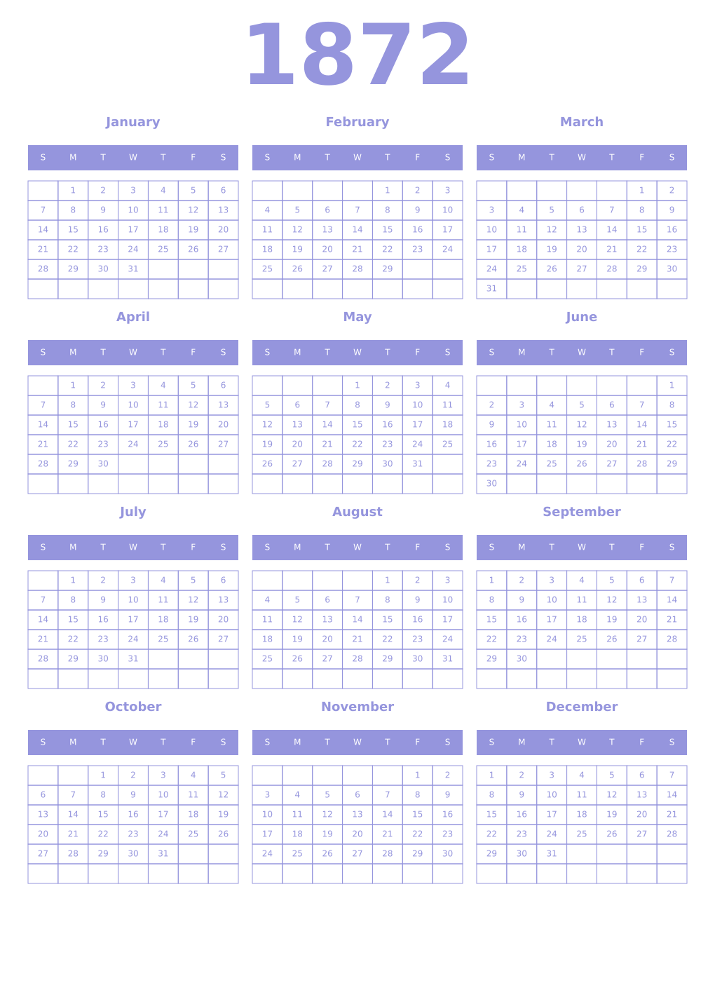 Printable 1872 Year Calendars periwinkle