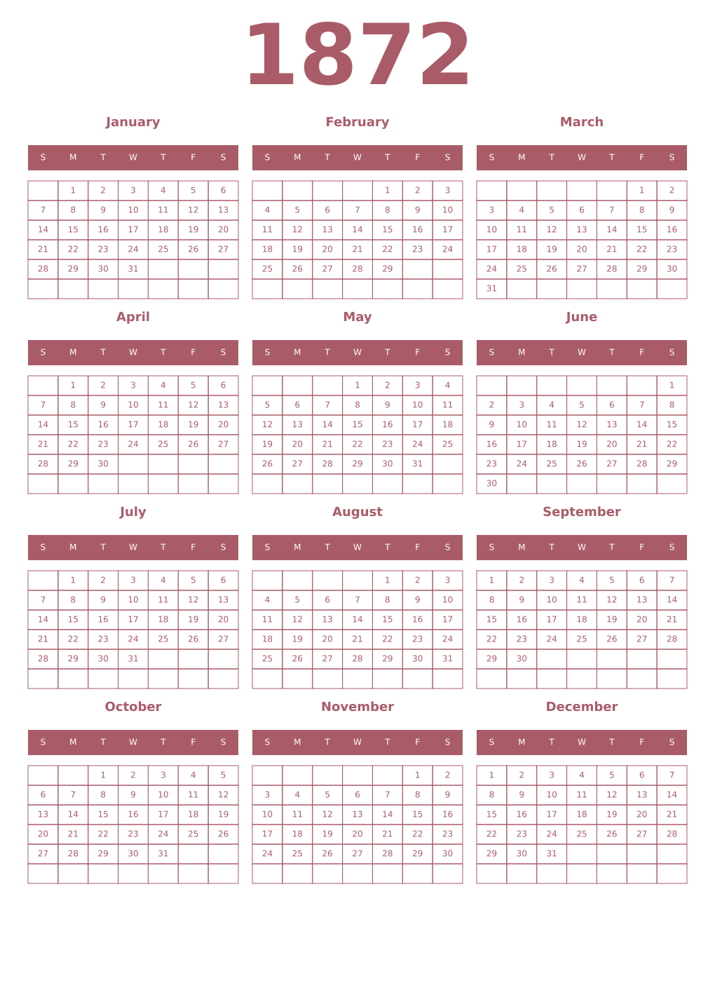 Printable 1872 Year Calendars puce