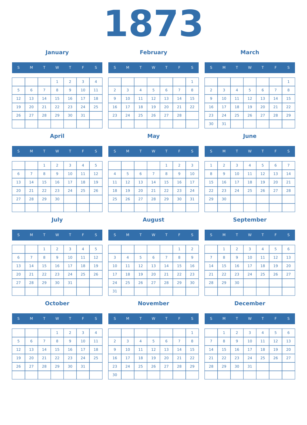 Printable 1873 Year Calendars blue