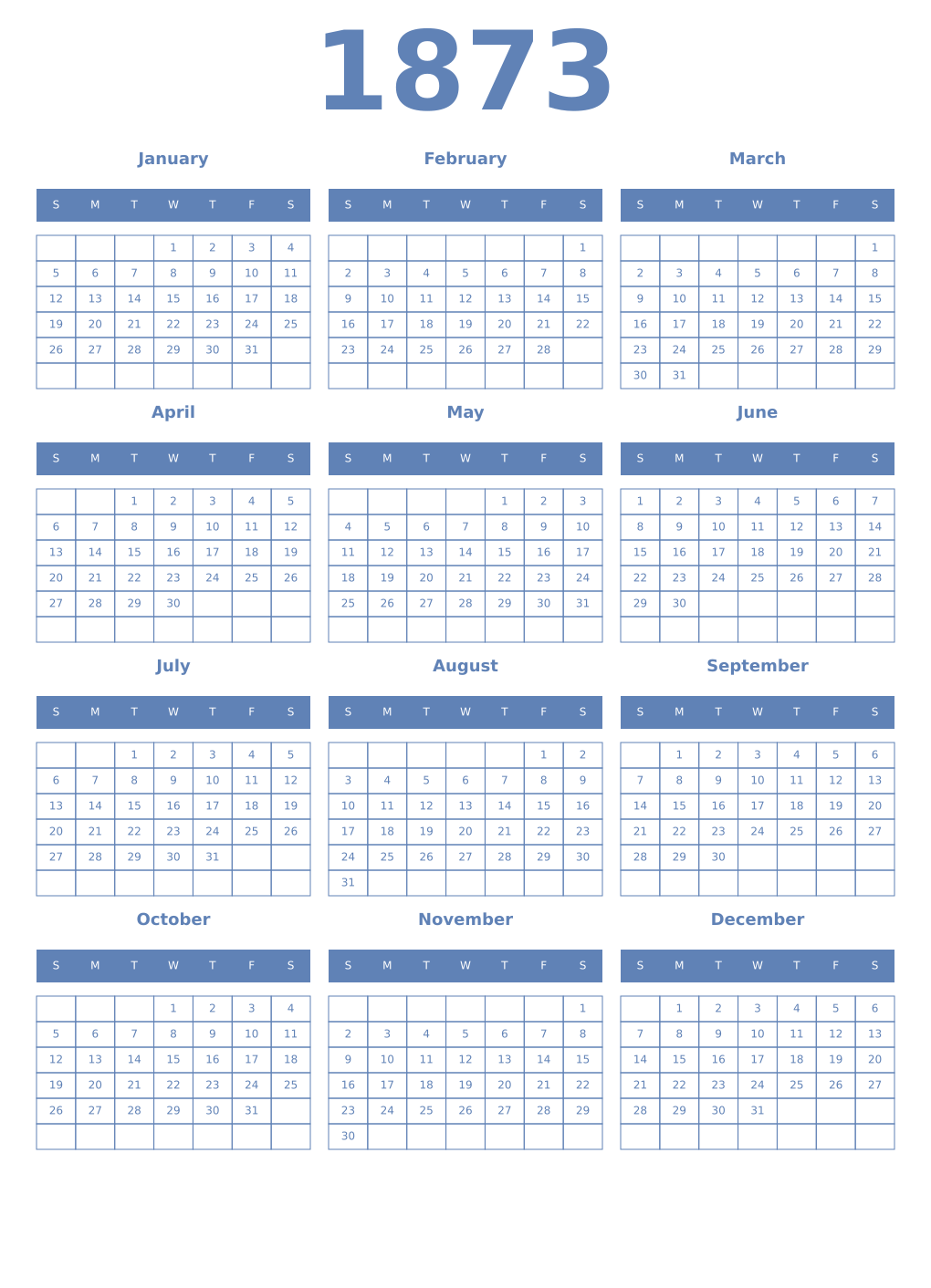 Printable 1873 Year Calendars glaucous