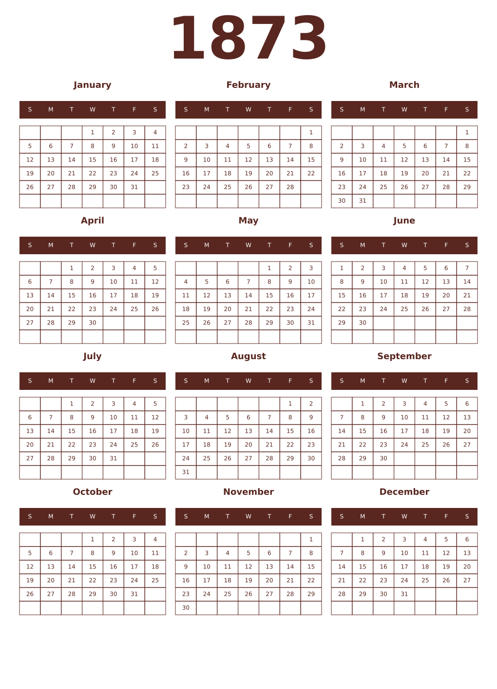 Printable 1873 Year Calendars mortuum