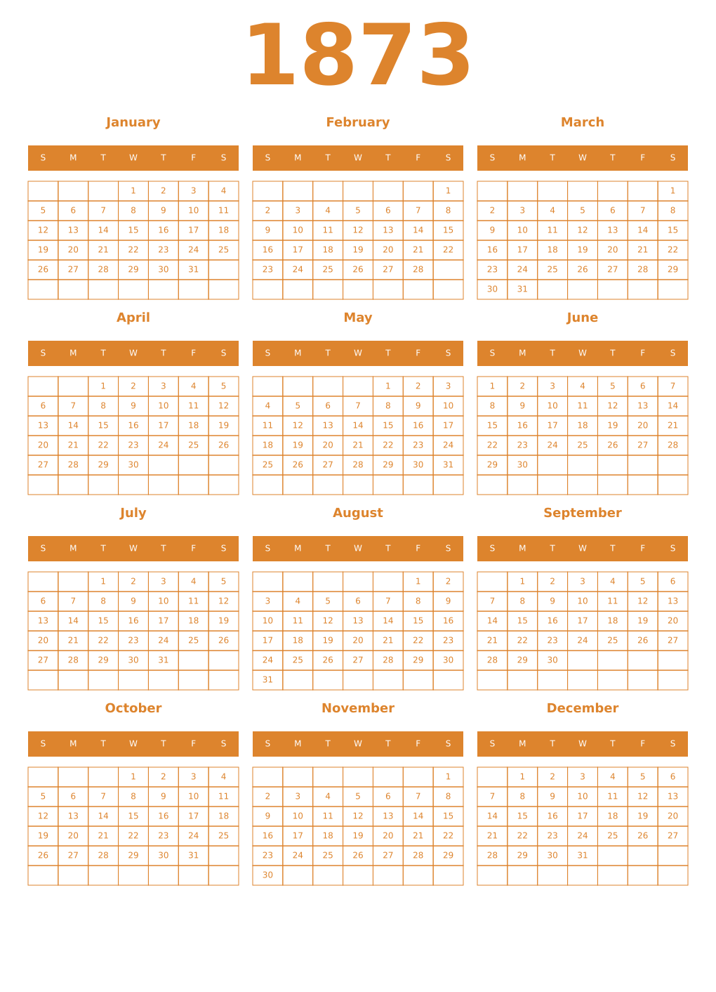 Printable 1873 Year Calendars orange