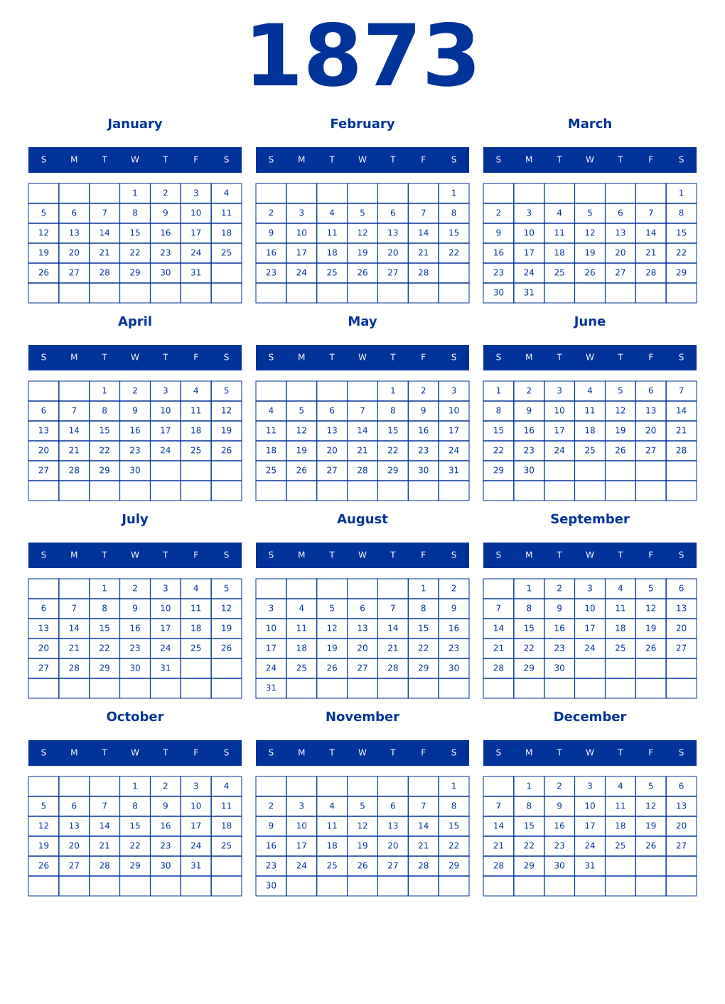 Printable 1873 Year Calendars smalt
