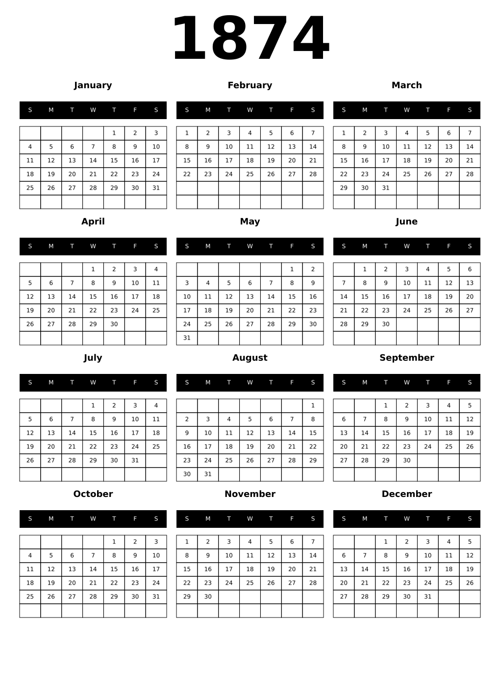 Printable 1874 Calendars