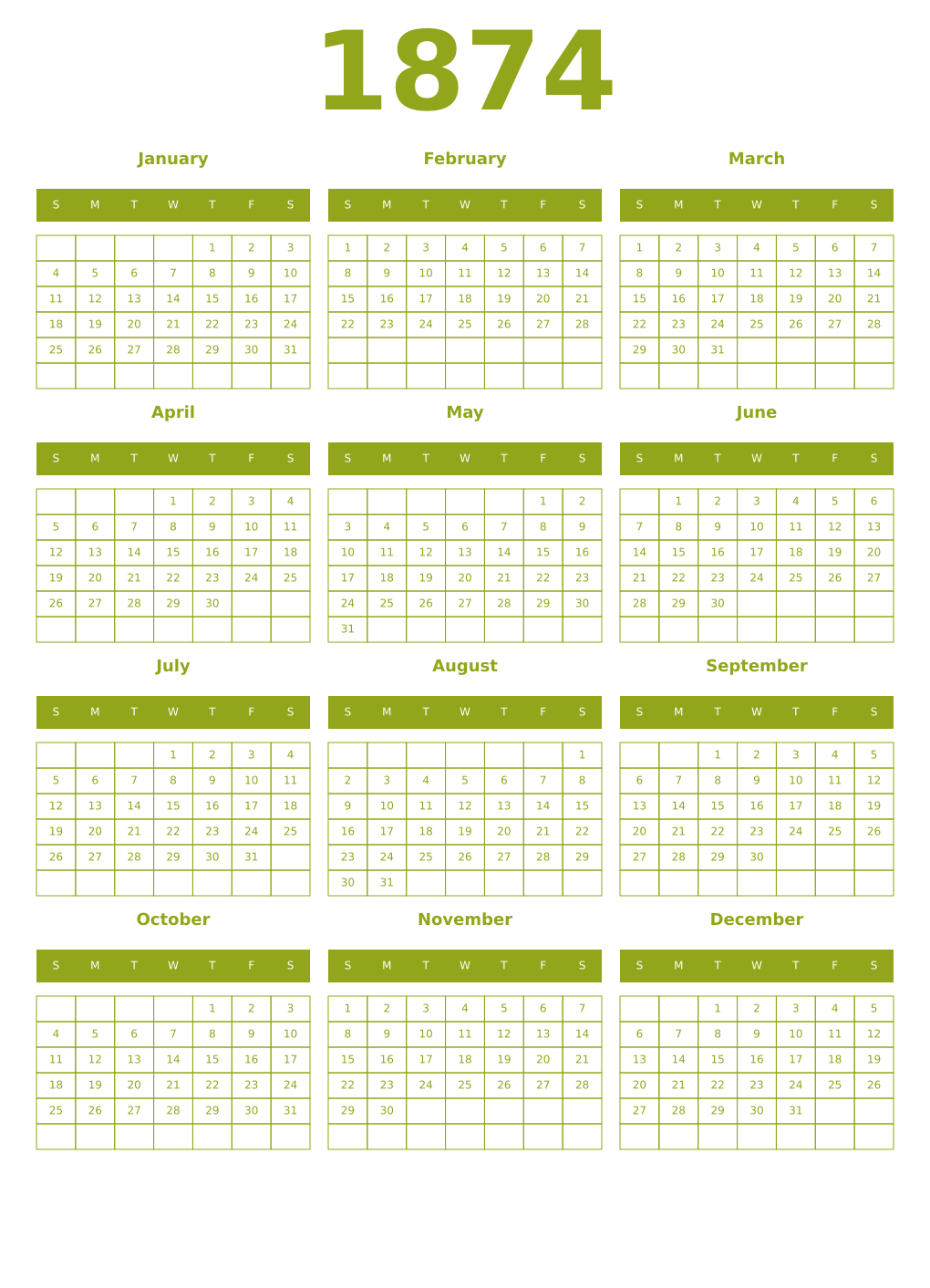 Printable 1874 Year Calendars chartreuse