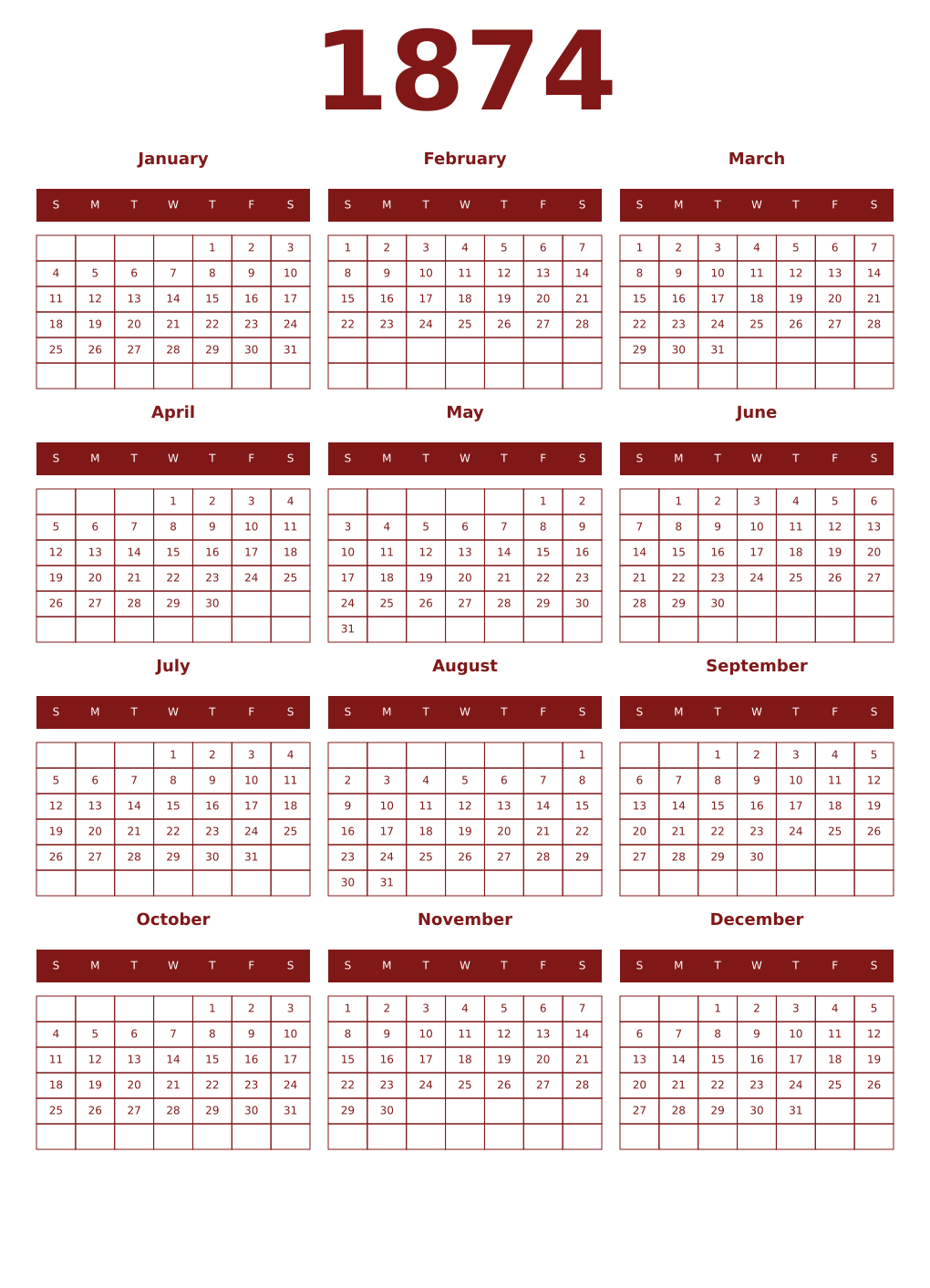 Printable 1874 Year Calendars falu