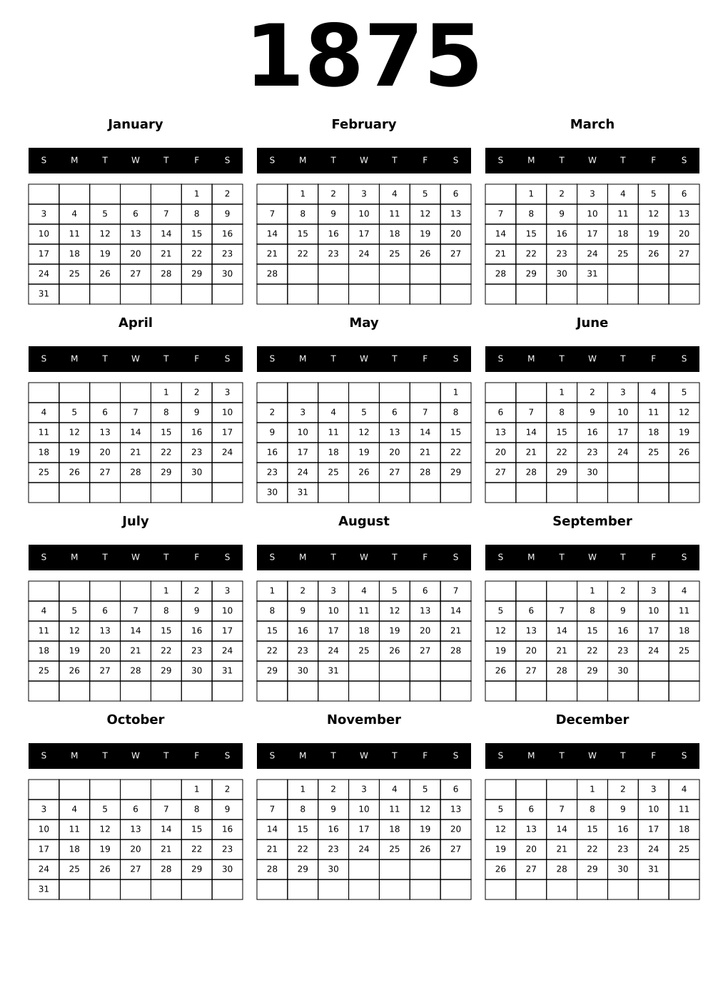 Printable 1875 Year Calendars black
