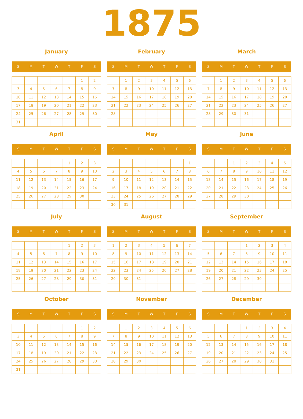 Printable 1875 Year Calendars gamboge