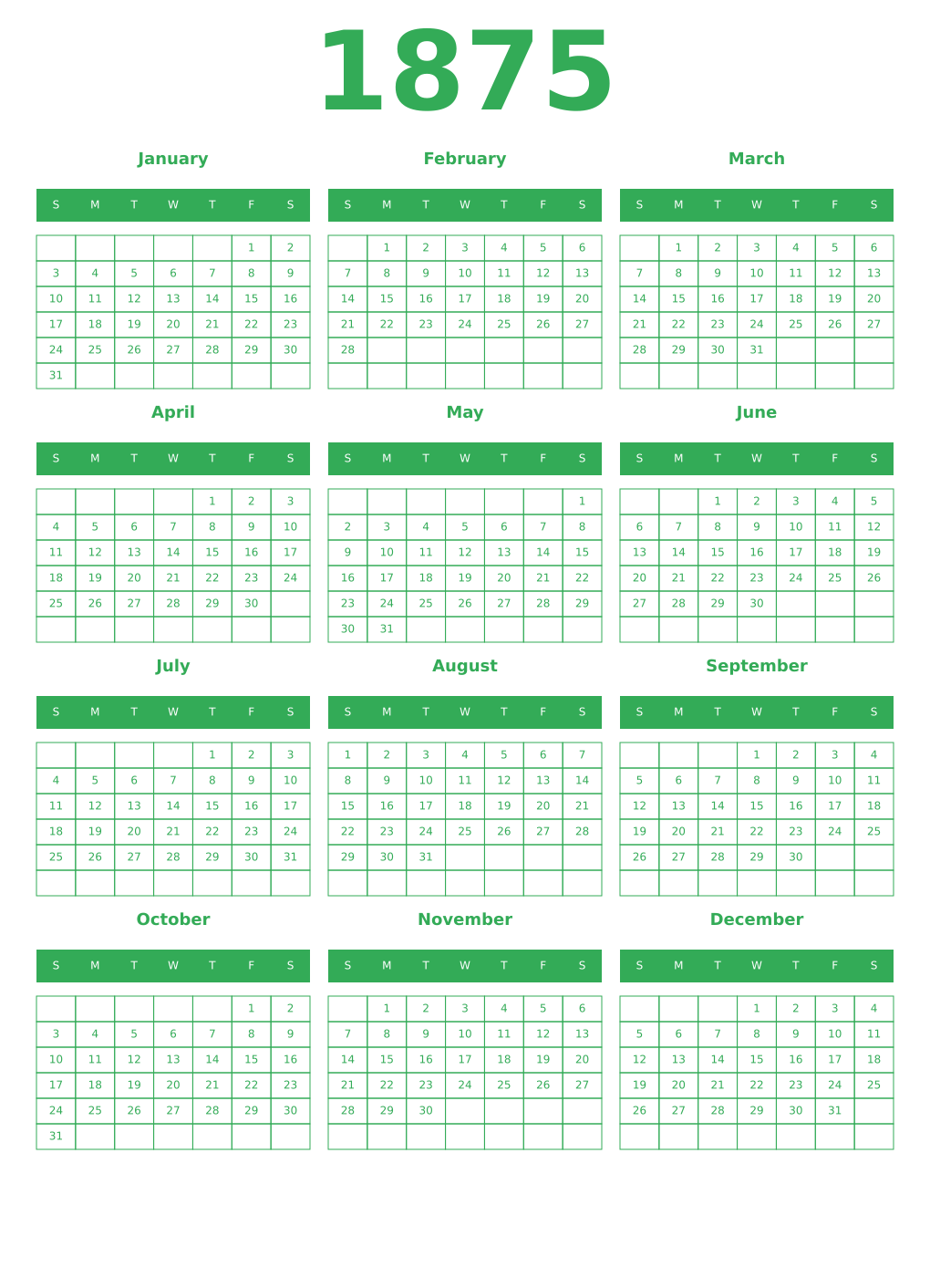 Printable 1875 Year Calendars green