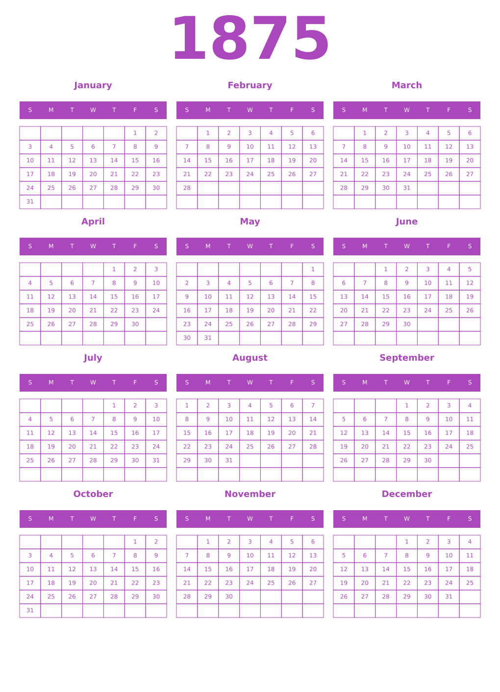 Printable 1875 Year Calendars purple