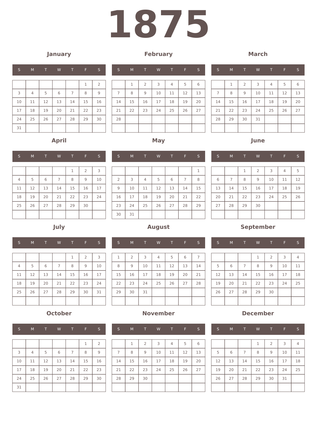 Printable 1875 Year Calendars wenge