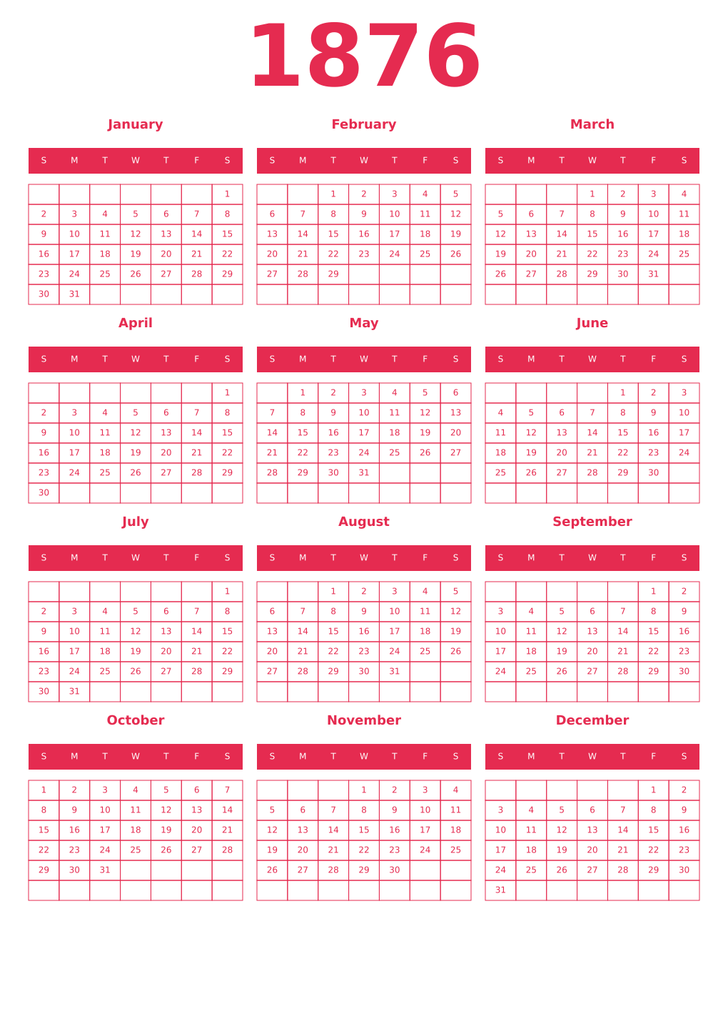 Printable 1876 Year Calendars amaranth