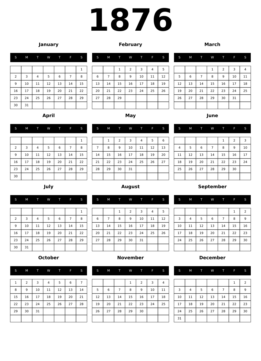Printable 1876 Year Calendars black