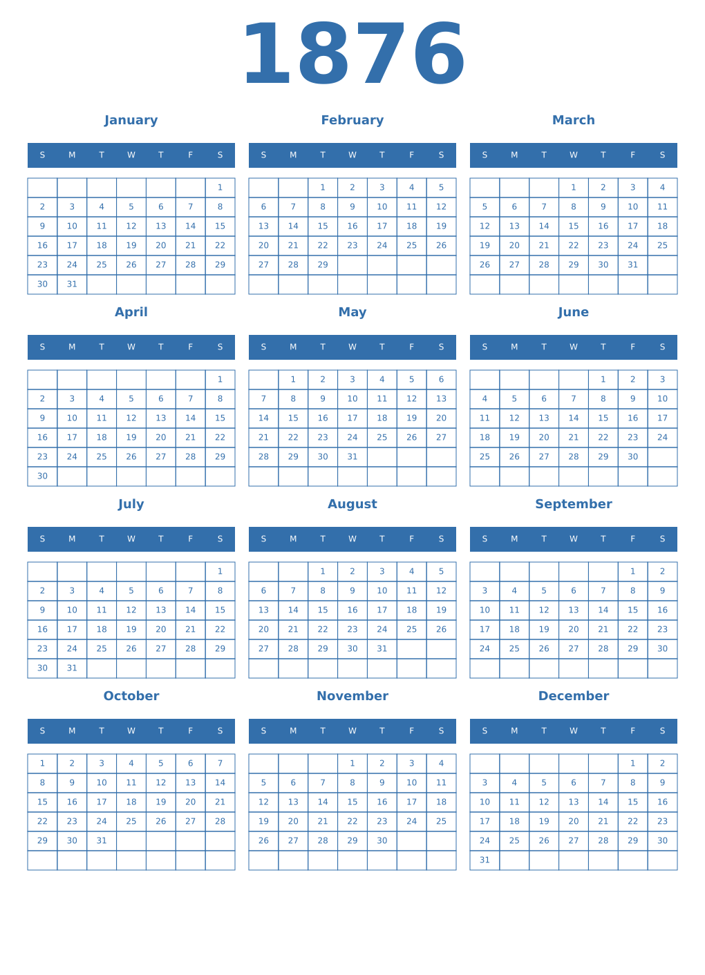 Printable 1876 Year Calendars blue
