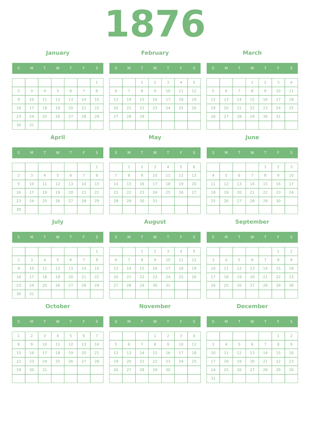 Printable 1876 Year Calendars celadon