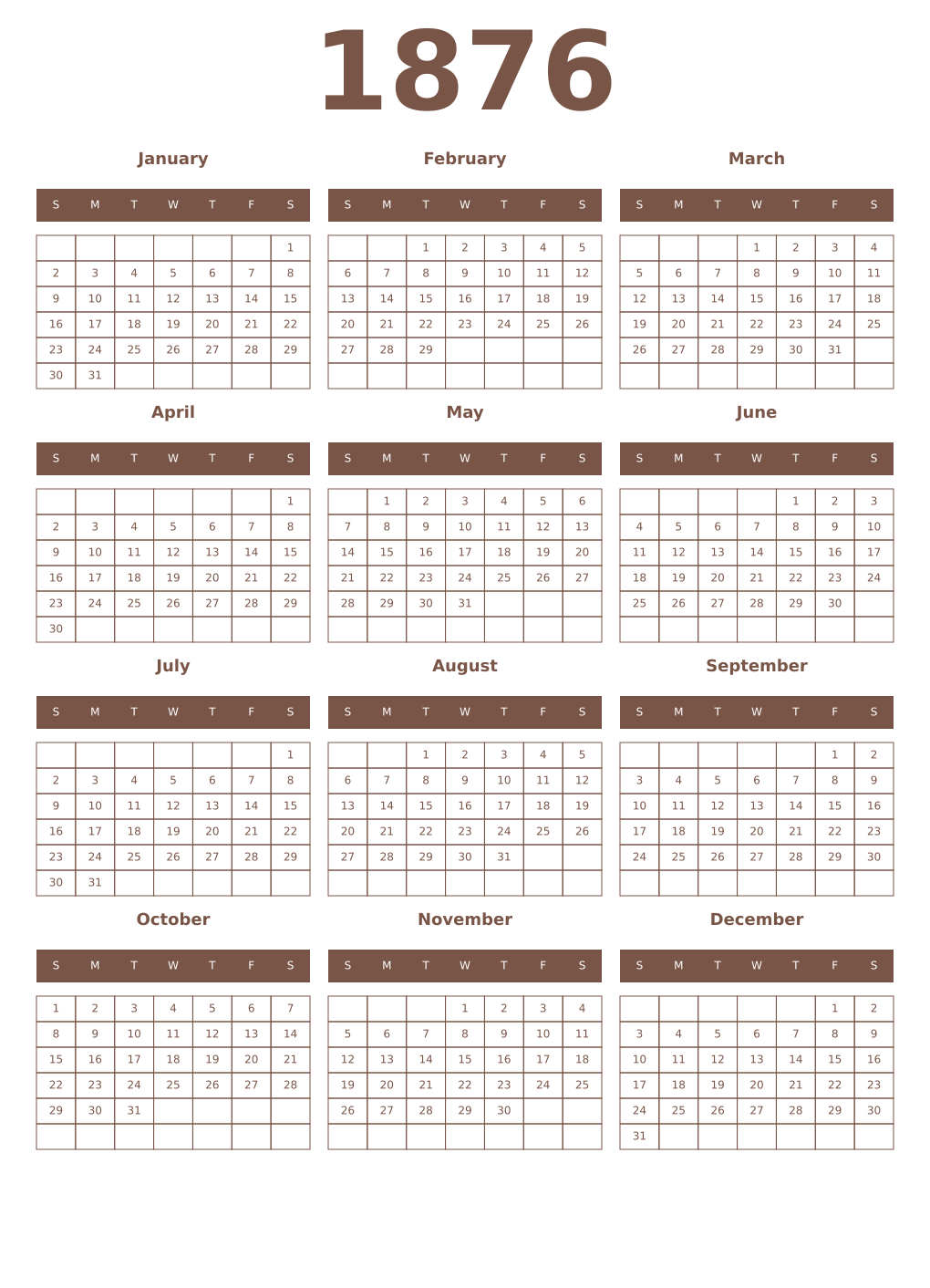 Printable 1876 Year Calendars coffe