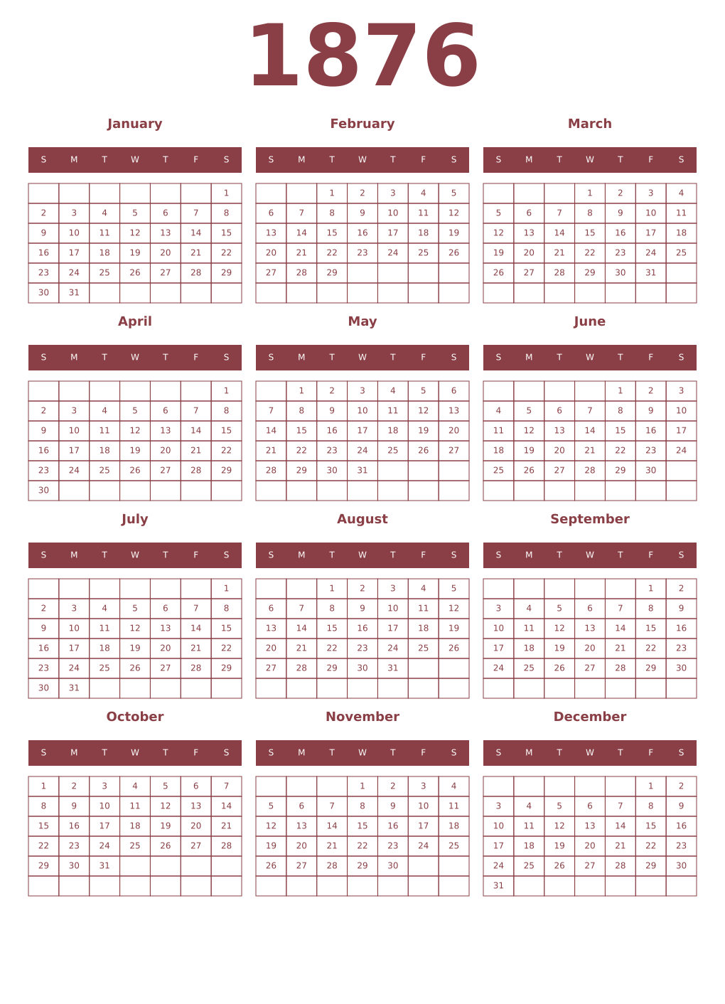 Printable 1876 Year Calendars cordovan
