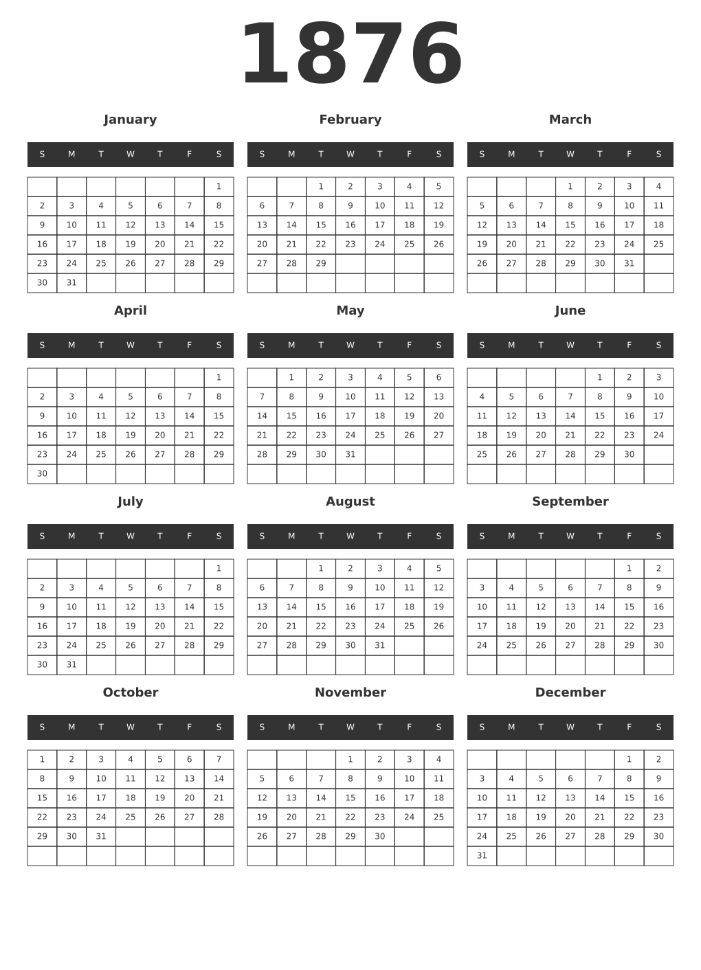 Printable 1876 Year Calendars dark