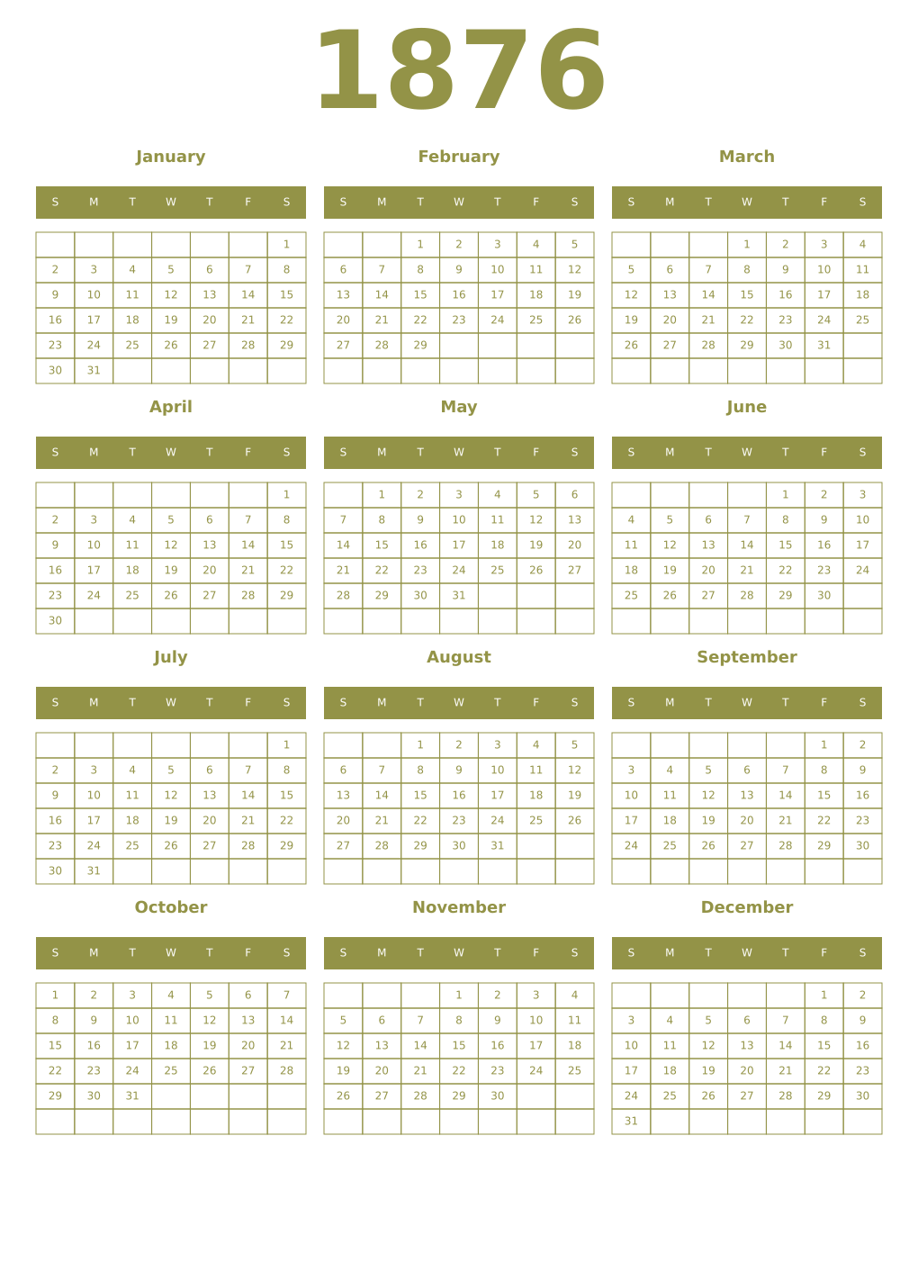 Printable 1876 Year Calendars eburnean