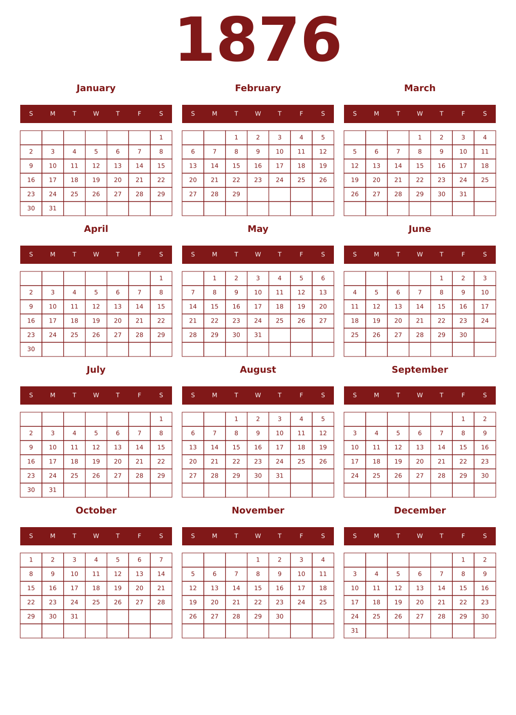 Printable 1876 Year Calendars falu