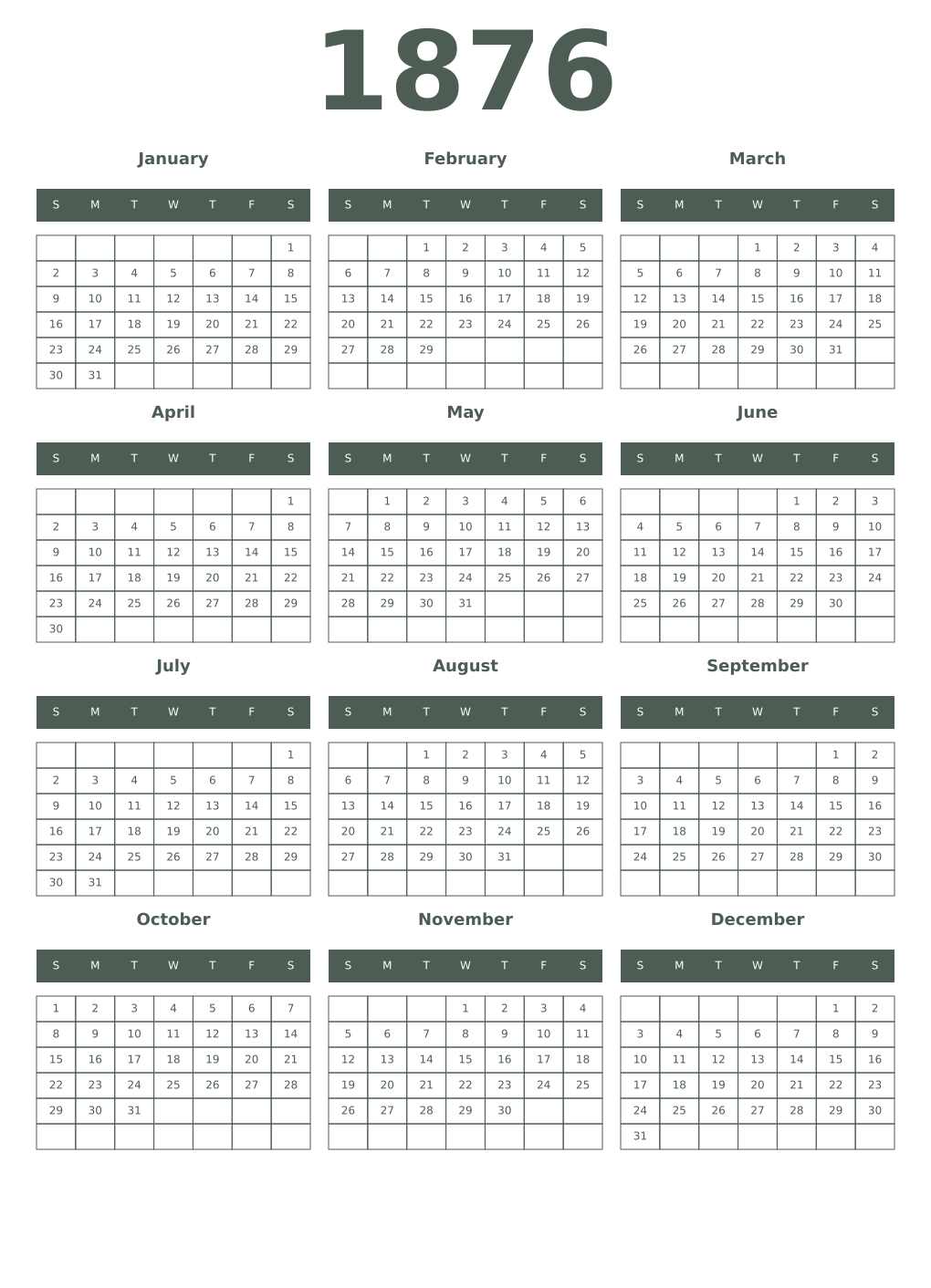 Printable 1876 Year Calendars feldgrau