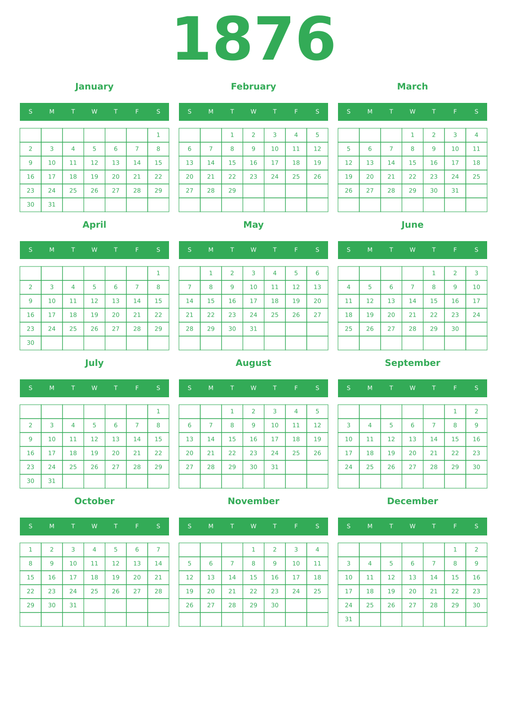 Printable 1876 Year Calendars green