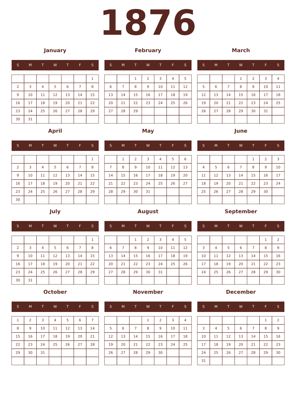 Printable 1876 Year Calendars mortuum