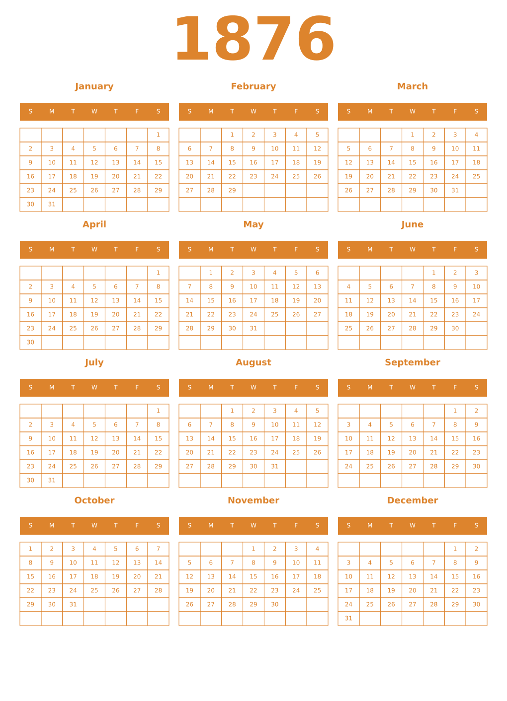 Printable 1876 Year Calendars orange