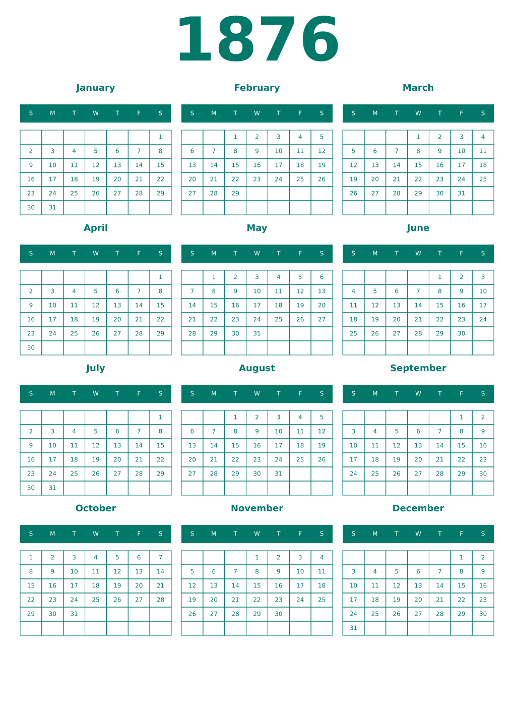 Printable 1876 Year Calendars pastel