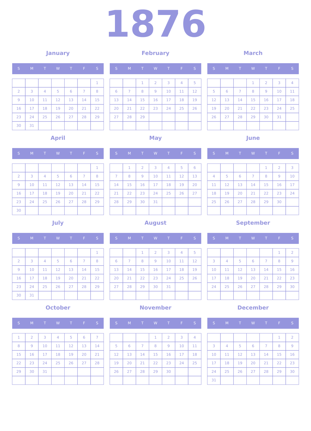 Printable 1876 Year Calendars periwinkle